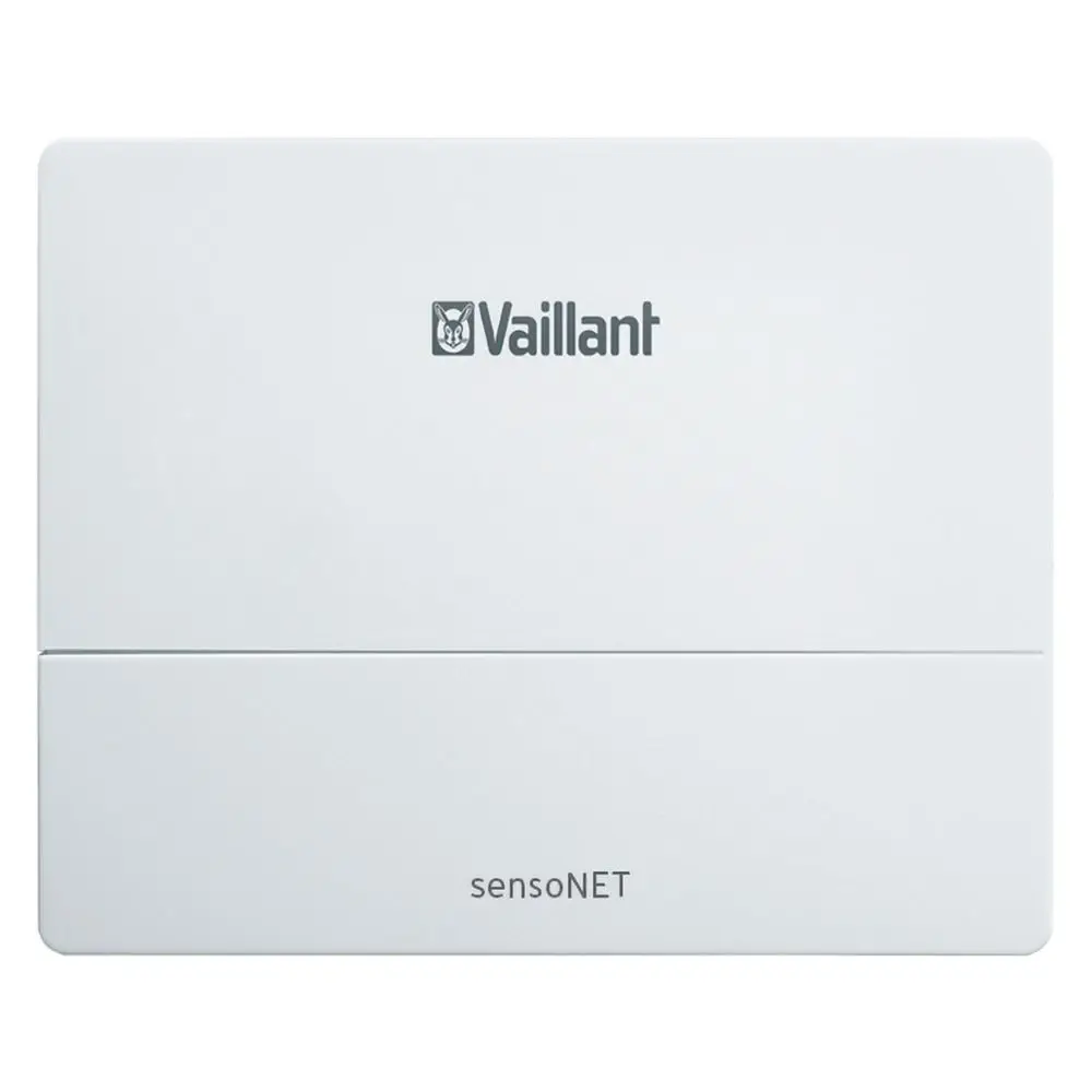 Vaillant Modul mit sensotNET-Logo, einfaches, kompaktes Design in Weiß, geeignet für die Wandmontage. Schnittstelle für eBUS-Systeme.